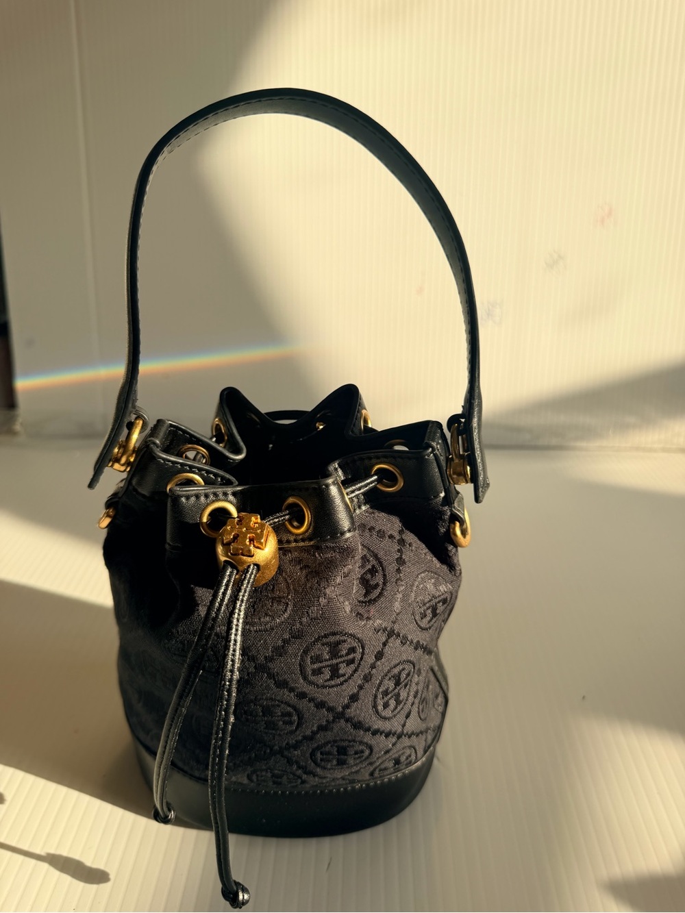 Tory Burch Black Monogram Jacquard Mini Drawstring Bucket Bag